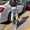 Calça Jeans Azul Lavada Vintage Estilo Americano para Mulheres, Barra Reta, Emagrecedora, Inverno, Streetwear, Cintura Baixa, Solta, Perna Larga, Comprimento Estendido, Comprimento Total