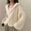 Cardigan Tricotado Feminino Outono/Inverno Estilo Preguiçoso Chique Coreano Malha Grossa Zíper Duplo Com Capuz Manga Longa