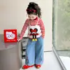 Conjunto de Roupa de Primavera para Meninas 2026 Novo Estilo Coreano Desenho Animado Camisola Conjunto de Duas Peças para Meninas Camisa Básica Listrada