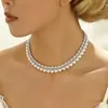 Colar de Pérolas de Fileira Dupla de Alto Brilho Mais Vendido no Exterior, Corrente Curta Versátil para Clavícula Cravejada de Diamantes, Acessórios para Vestido de Banquete, Colar Feminino