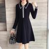 Fábrica de Lã Dalang Outono e Inverno Vestido de Tricô Básico de Comprimento Médio com Lapela e Zíper Moda Feminina Versátil