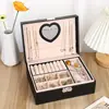 Caja de joyería de cuero PU transfronteriza, caja de almacenamiento de joyería portátil, caja de joyería de doble capa de gran capacidad para collares, anillos, relojes