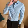 Nova Camisa Masculina de Manga Longa Primavera e Outono Juventude Homens de Negócios Gola Lapela Cor Sólida Fina Sem Ferro