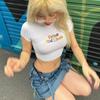 Camiseta feminina de manga curta com estampa retrô europeia e americana de 2025, estilo Spice Girls, moda de rua, slim fit