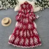 Vestido de encaje bordado estilo corte francés para mujer, con mangas abullonadas, cuello alto, cinturón de corbata, elegante vestido largo, Otoño 2026