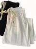 Pantalones blancos de seda de hielo de pierna ancha para hombre, estilo fino de verano, pantalones casuales rectos holgados de moda con caída, pantalones largos hasta el suelo, disponibles para venta al por mayor