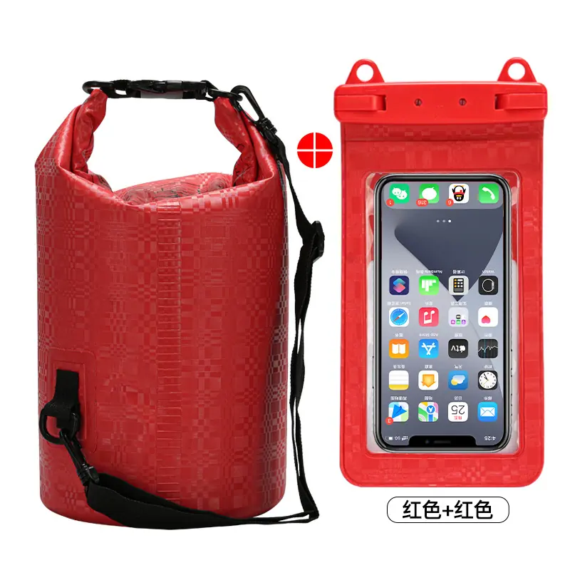 格子纹防水桶+格子纹双挂钩手机袋=红色组合款