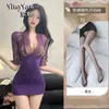 Uniforme Seductor de Secretária OL Roxo Charmoso Decote Profundo Renda Quente Transparente Lingerie Saia Bodycon Justa