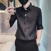 Nova Camisa Masculina de Seda Gelada Plissada de Manga Curta de Verão 2026, Elegante Camisa de Negócios Slim-Fit de Manga de Cinco Polegadas
