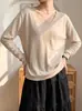 Toma real: Top de punto casual versátil de cuello en V estilo coreano, corte ajustado, para mujer, adecuado tanto para usar solo como debajo de otra prenda, top básico holgado y simple