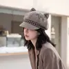 Sombrero Octagonal Estilo Coreano Orejas de Gato Boina de Lana Gorra de Periodista Bordado de Letras Sombrero de Pintor Orejas de Gato Versátil para Viajar Estudiante