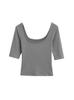 2480-25 Verano Estilo Coreano Cuello Cuadrado Profundo Ajustada Combinable Básica Spice Girls Hombro Camiseta Adelgazante Manga Media Base