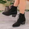 Nuevas Botas de Moda para Otoño/Invierno 2026 de Talla Grande Transfronterizas con Tacón Alto y Grueso para Mujer, con Cordones Delanteros, Puntera Redonda, Botas para Mujer de Comercio Exterior Europeo y Americano
