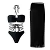 Bikini Escotado de Cuello Halter 2026 Nuevo Estilo Sexy con Abertura Vestido Largo Conjunto de Tres Piezas Vacaciones en la Playa Adelgazante Ropa de Baño Chica Atrevida