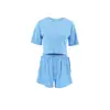 Pijama de Punto Estilo Europeo y Americano Otoño/Invierno 2026 Mangas Cortas Shorts Conjunto Cómodo de Dos Piezas Venta al por Mayor Transfronterizo Color Sólido Ropa de Casa para Mujer