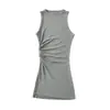 Chaleco informal de punto de longitud media con abertura lateral y plisados para mujer, top versátil de verano sin mangas elástico con cuello redondo irregular