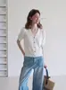 Blusa de Tricô de Seda Gelada com Decote V de Manga Curta Estilo Retrô Francês Feminina de Verão Cintura Marcada de Alta Qualidade Redutora de Idade Fina Solta Curta 6481