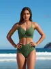 Traje de baño de dos piezas bikini para mujer, con textura a rayas, de cintura alta, corte retorcido con abertura, push-up, con tiras, que disimula el abdomen, adelgazante, talla grande, ligeramente regordeta