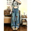 Jeans de Pierna Recta y Pierna Ancha para Mujer Chao Li Youhuo Otoño Diseño de Dibujos Animados Holgados Adelgazantes con Bordado de Cachorro