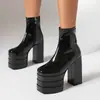 Tamanho 35-46 Botas Martin Femininas Outono e Inverno Europeias e Americanas em Couro Envernizado com Bico Redondo, Plataforma Impermeável, Salto Quadrado, Zíper Lateral, Botas Pretas de Cano Curto
