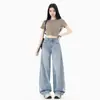 Foto Real de Jeans de Rua Estilo Americano com Strass para Mulheres, Novo Modelo de Primavera, Cintura Alta, Caimento Solto, Calças Reta Wide Leg Emagrecedoras com Apliques de Strass