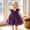 Ropa Europea y Americana para Niños Ropa para Bebé Fiesta de Cumpleaños del Primer Mes Bautizo Vestido Ropa Infantil Mangas Cortas Volantes Vestido de Princesa de Gasa de Vidrio Satinado