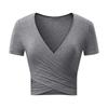 2025 Amazon Estilo Europeu e Americano Novo Sexy Decote V Cruzado Slim Splicing Camiseta Básica de Manga Curta para Mulheres