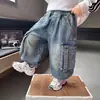 Calças de Trabalho Jeans para Meninos Primavera e Outono Estilo Coreano Infantis Bonitas Modernas Largas Casuais Calças de Bebê Comércio Exterior
