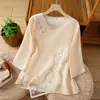 Camisa retro de algodón y lino bordada de manga tres cuartos estilo chino para mujer, cuello diagonal de verano con cierre de botones, blusa modificada inspirada en el Zen, top de lino