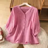 Camisa de Algodão e Linho com Bordado Pesado Estilo Artístico Novo Verão 2026 para Mulheres, Decote V, Solta, Juvenil, Casual, Top Versátil