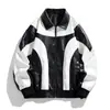 Chaqueta de cuero PU, atuendo retro moderno para jóvenes en pareja, chaqueta de cuero biker con bloques de color, estilo coreano unisex, holgada y elegante con cuello de solapa