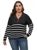 Suéter Feminino Novo Estilo Transfronteiriço Europeu e Americano Tamanho Grande Feminino Tricô Listrado Patchwork Gola Alta com Zíper Solto Suéter Tecido
