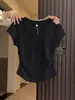 Camiseta de Algodão Puro com Gola V e Manga Curta para Mulheres 2026 Verão Nova Slim Fit Valoriza a Silhueta Design Plissado Top Curto