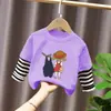 Estilo Novo Primavera e Outono 100% Algodão Camisetas Falsas de Duas Peças com Manga Longa para Meninas Roupas Infantis Desenho Animado Fofo Estampado Cor Contrastante para Mulheres