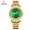 Reloj de Pareja Calendario de Negocios Dawn con Correa de Acero y Diamantes en Oro Verde, Transmisión en Vivo Transfronteriza, Venta al por Mayor de Fabricante, Relojes de Pareja para Hombre y Mujer