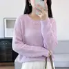 Suéter de punto de algodón puro para mujer, nuevo estilo otoño e invierno, cuello redondo, calado, manga larga, corte holgado, top de canalé versátil, moderno y a la moda