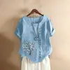 Foto Real da Camisa Casual Curta de Algodão e Linho Vintage de Manga Curta com Gola Redonda para Mulheres da Primavera e Verão de 2026