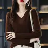 Camiseta Básica de Punto de Manga Larga 100% Algodón para Mujer Suéter Jersey de Cuello en V Ajustado Ajustado Ropa Exterior Suéter Interior Superior Nuevo