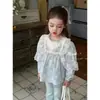 Camisa de Meninas Doce Pequena Senhora para Primavera e Outono em Algodão com Patchwork Floral Xadrez Estilo Coreano Camisa de Renda Tendência