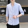 Camisa de Manga Corta para Hombre Nueva Verano Casual Manga Media Moderna Color Sólido Camisa Ajustada Cuello Top de Siete Mangas Moderna
