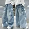 Calça Jeans Jeans de Trabalho para Meninos 2026 Nova Primavera/Outono Solta de Perna Larga Crianças Pequenas/Grandes Marca Tendência Casual Estilosa Calça Longa Outono