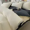 Juego de Cuatro Piezas Borde de Algodón Crema Puff Color Sólido Bicolor Funda de Edredón para el Hogar Sábana Plana Sábana Ajustable Ropa de Cama para Dormitorio Juego de Tres Piezas