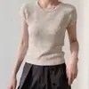 Camiseta de Punto de Manga Corta con Cuello Redondo Color Albaricoque Estilo Old Money para Mujer, Top Corto de Verano Texturizado Ajustado con Mangas Cortas Volantes Pequeños
