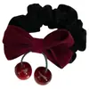 Pinza para el Cabello de Terciopelo con Lazo de Cereza, Goma para el Cabello, Anillo para Moño de Niña, Pasador Dulce, Accesorio para el Cabello