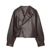 Chaqueta de piel sintética para mujer con solapa grande y hebilla diagonal, estilo corto, cinturón de piel sintética, chaqueta biker entallada a la cintura, abrigo de cuero estilo americano, en stock desde la fábrica