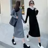 Conjunto de Abrigo con Vestido de Punto Interior para Mujer Otoño e Invierno 2025 Nuevo Ajustado Adelgazante Suéter de Cuello en V Falda Base