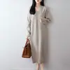 Vestido de Tricô Emagrecedor Estilo Tesoura Gola Alta Outono/Inverno 100% Lã Modelo Longo Suéter de Manga Longa Feminino Vestido Base Acima do Joelho