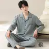 Conjunto de Pijama de Algodón Nube para Hombre - Manga Larga, Pantalón Largo, Cárdigan con Solapas, Tallas Grandes, Transpirable, Cómodo, Se Puede Usar Afuera