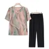 Traje de Verano de Manga Corta para Mujeres Mayores, Camiseta para Mujeres de Mediana Edad y Mayores, Conjunto de Dos Piezas para Abuela, Ropa Ligera de Punto para Personas Mayores