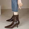Botines de Tacón Alto para Mujer, Nuevo Estilo Otoño e Invierno 2026, Botines de Tacón Fino para Mujer, Botas Elásticas Ajustadas de Piel, Marrón Puntiagudos, Efecto Adelgazante
